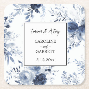 Blue White Romantic Floral Wedding Square Paper Coaster