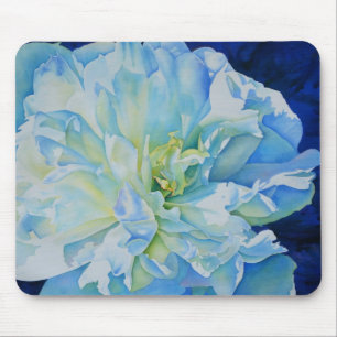 Blue white romantic peony watercolor painting  mouse mat