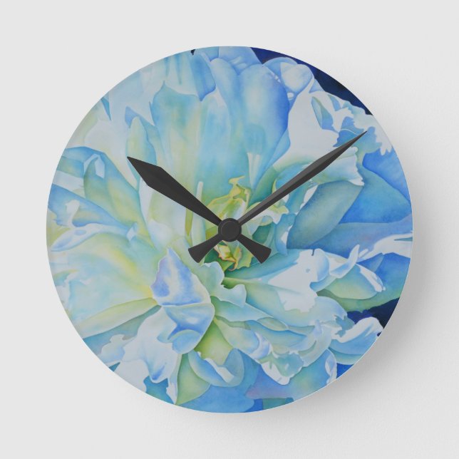 Blue white romantic peony watercolor painting  round clock (Front)