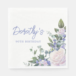 Blue White Rose Floral 90th Birthday Napkin