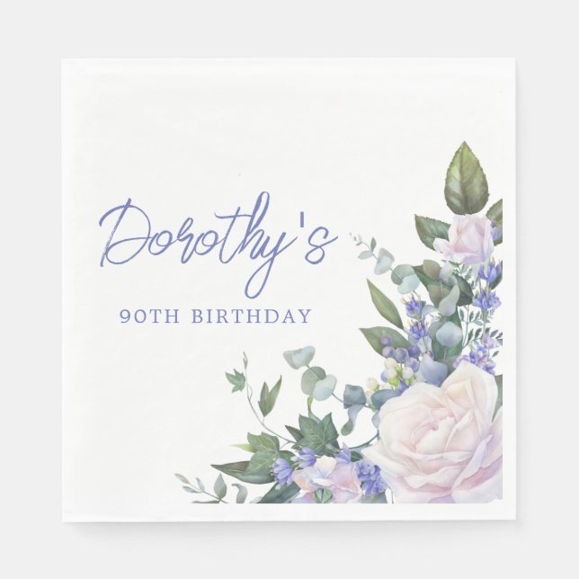 Blue White Rose Floral 90th Birthday Napkin (Front)