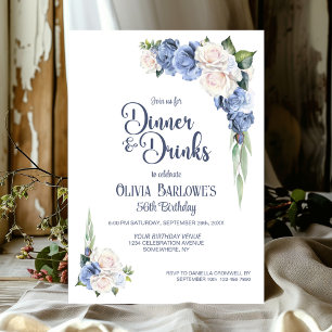 Blue White Rose Floral Dinner and Drinks Birthday Invitation