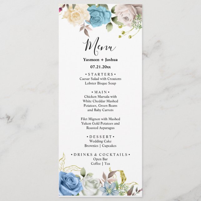 Blue & White Rose Floral Wedding Menu (Front)