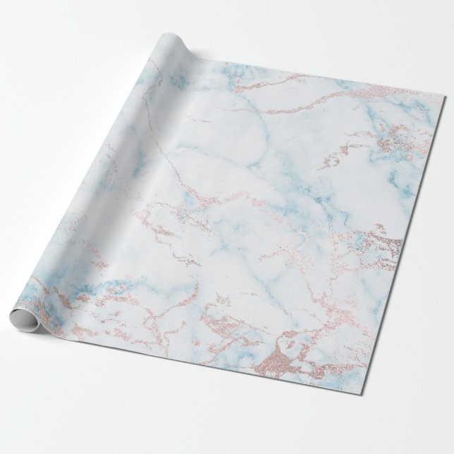Blue White Rose Gold Pink Marble Stone Brushes Wrapping Paper (Unrolled)
