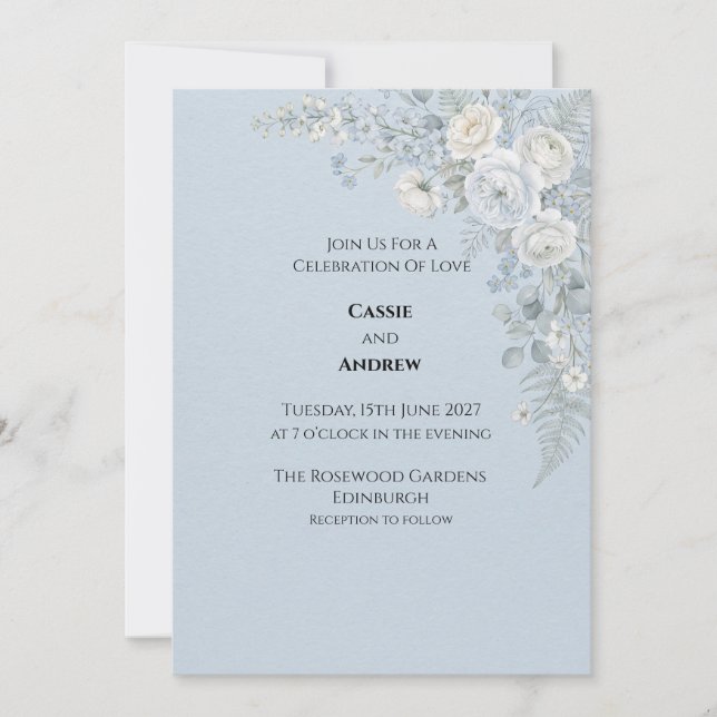 Blue White Rose Wedding Invitation (Front)
