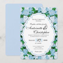 Blue & White Rose Wedding Invite with Blue Border