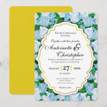 Blue & White Rose Wedding Invite with Gold Border