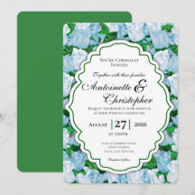 Blue & White Rose Wedding Invite with Green Border