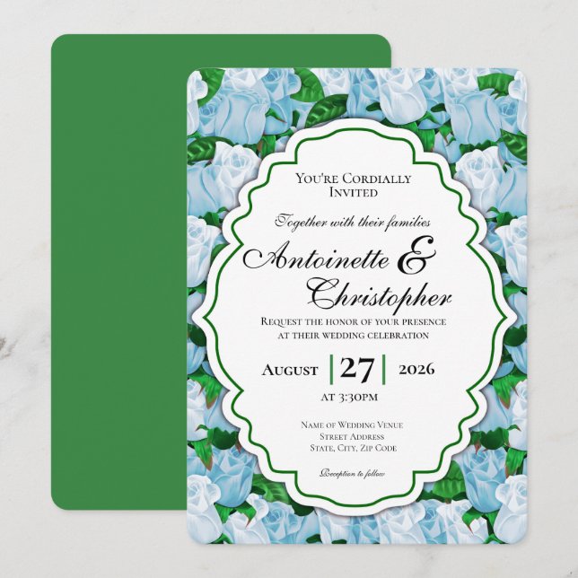 Blue & White Rose Wedding Invite with Green Border (Front/Back)