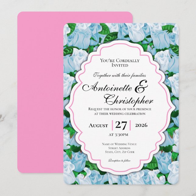Blue & White Rose Wedding Invite with Pink Border (Front/Back)