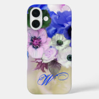 BLUE WHITE ROSES AND ANEMONE FLOWERS MONOGRAM
