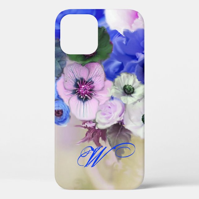 BLUE WHITE ROSES AND ANEMONE FLOWERS MONOGRAM Case-Mate iPhone CASE (Back)