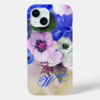 BLUE WHITE ROSES AND ANEMONE FLOWERS MONOGRAM