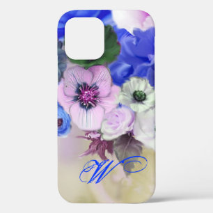 BLUE WHITE ROSES AND ANEMONE FLOWERS MONOGRAM iPhone 12 CASE