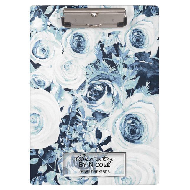 Blue & White Roses Glam Modern Floral Personalised Clipboard (Front)
