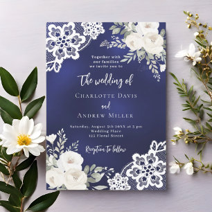 Blue white roses lace wedding invitation
