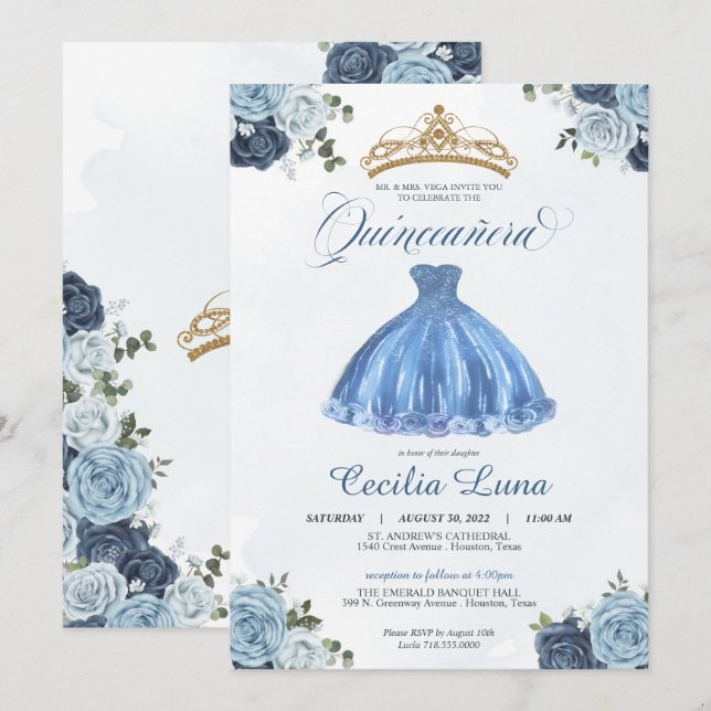 Blue & White Roses Princess Quinceañera Birthday Invitation (Front/Back)