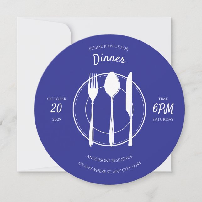Blue White Round Dinner Invitation (Front)