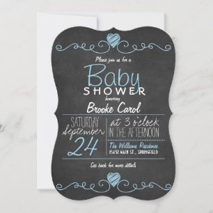 Blue & White Rustic Chalkboard, Heart Baby Shower Invitation