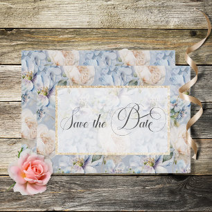 Blue & White Rustic Floral Gold Frame Wedding Save The Date