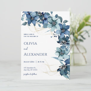 Blue White Rustic Floral Wedding Invitation