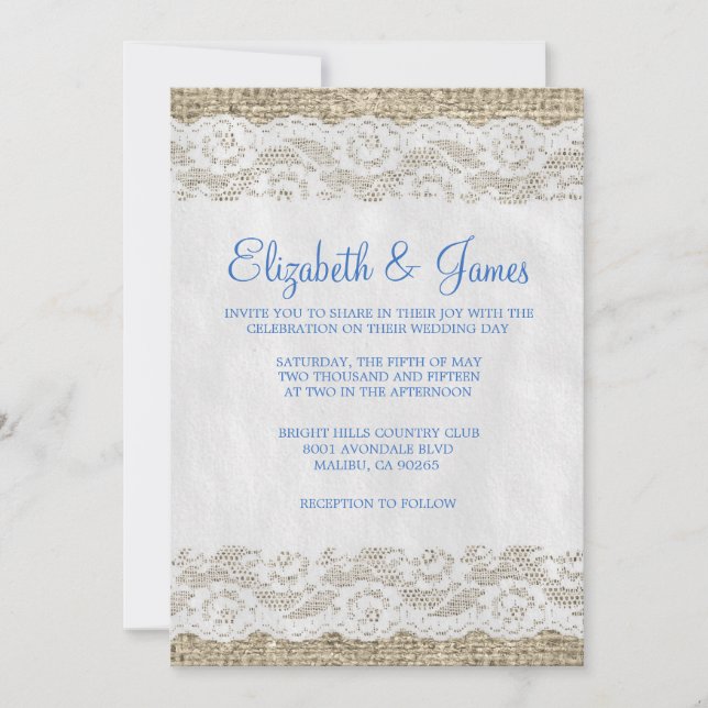 Blue & White Rustic Lace Wedding Invitations (Front)