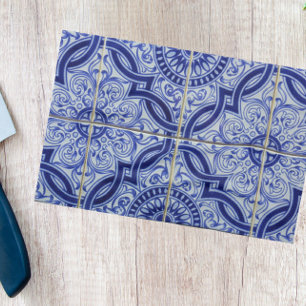 Blue White Rustic Mediterranean Tile Pattern Tea Towel