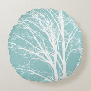 Blue White Rustic Tree Branches Round Cushion