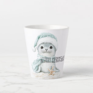 Blue White Santa Hat Scarf Seal Christmas Latte Mug