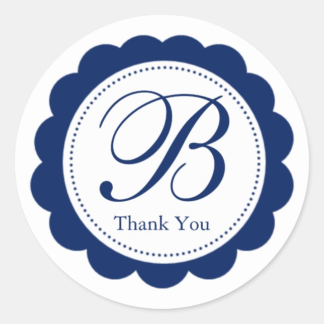 Blue White Scalloped Circle Monogram Classic Round Sticker (Front)