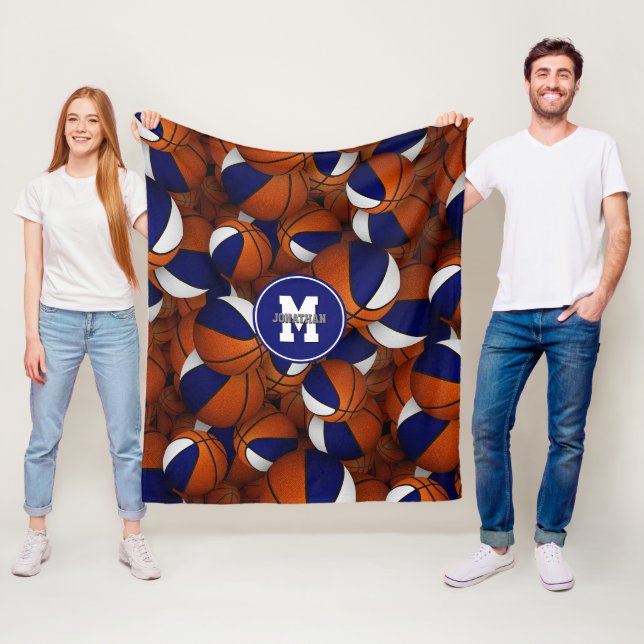 blue white school team colours basketball pattern fleece blanket (In Situ)