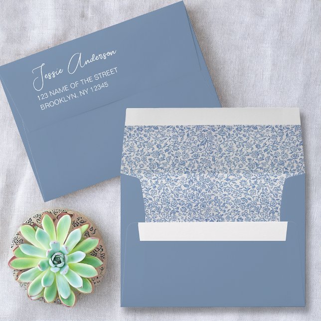 Blue & White Script Floral Morris Pattern Address Envelope (Creator Uploaded)