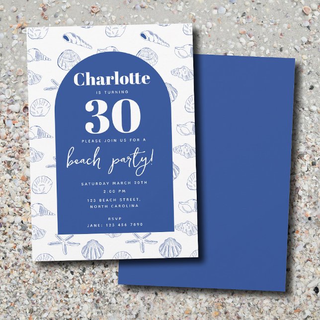 Blue White Sea Shells Beach Summer Birthday Party Invitation (Blue White Sea Shells Beach Summer Birthday Party Invitation)