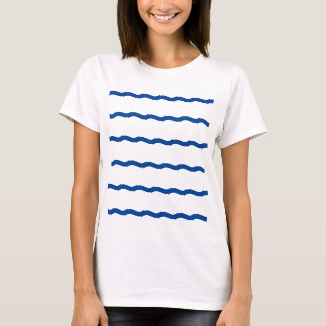Blue white sea waves stripes nautical pattern T-Shirt (Front)