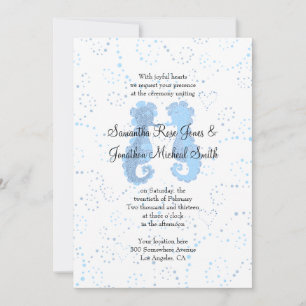 Blue & White Seahorse Pointillism Custom Wedding Invitation