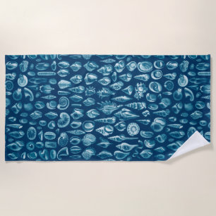 Blue & White Seashells Pattern Beach Towel