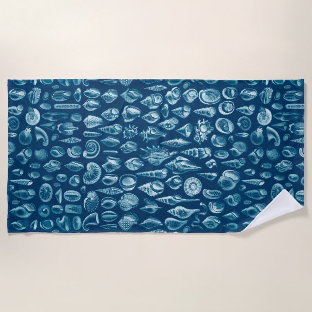 Blue & White Seashells Pattern Beach Towel (Front)