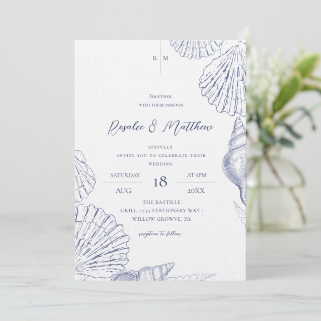 Blue & White Shells Elegant Coastal Wedding  Invitation (Standing Front)