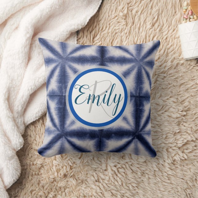 Blue & White Shibori Circle Tie Dye Monogram Name Cushion (Blanket)