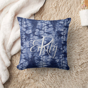 Blue & White Shibori Leaves Tie Dye Monogram Name Cushion