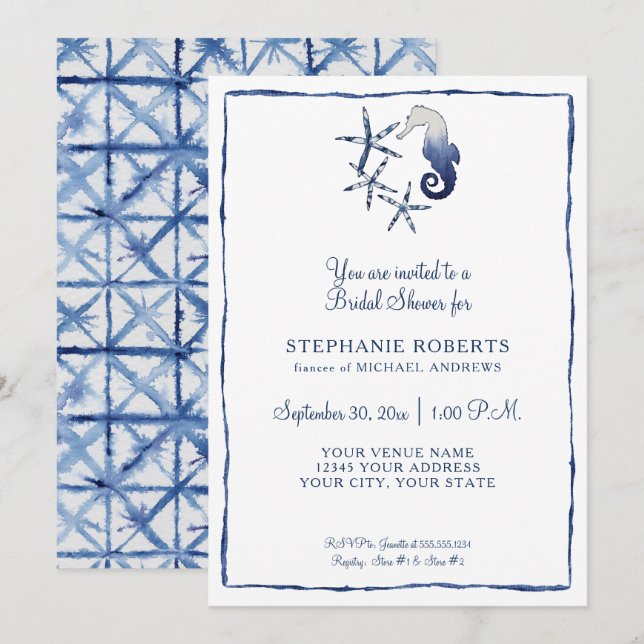 Blue White Shibori Seahorse Starfish Beach Bridal Invitation (Front/Back)