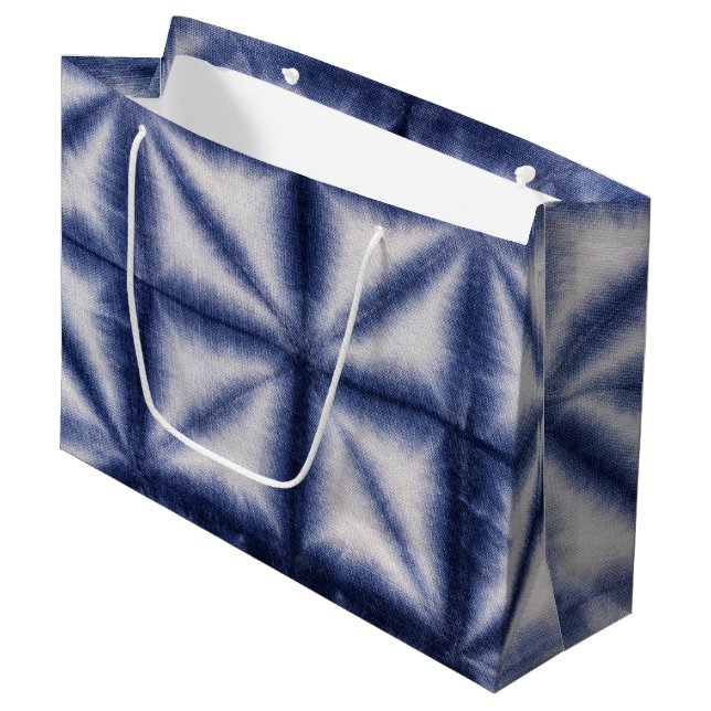 Blue & White Shibori Shapes Tie Dye Denim Look Large Gift Bag (Front Angled)