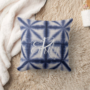 Blue & White Shibori Shapes Tie Dye Monogram Name Cushion