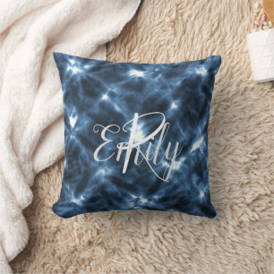 Blue & White Shibori Tie Dye Monogram Name Cushion