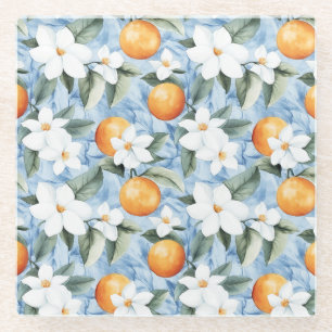 Blue White Sicilian Summer Floral Oranges Wedding Glass Coaster