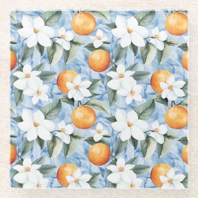 Blue White Sicilian Summer Floral Oranges Wedding Glass Coaster (Front)