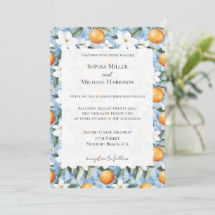 Blue White Sicilian Summer Floral Oranges Wedding Invitation