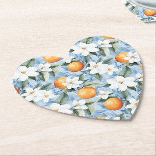 Blue White Sicilian Summer Floral Oranges Wedding Paper Coaster