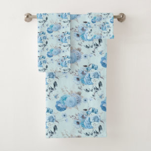 Blue White Silver Floral Cottage Core Gift Bath Towel Set