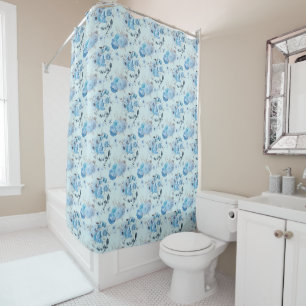 Blue White Silver Floral Cottage Core Shabby Chic Shower Curtain